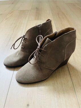 Lucky Brand Taupe Suede Wedge Lace-Up Booties